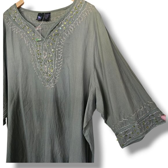 Junonia Tunic Top Size 4X Green Embroidered Cotton Sequins India Lightweight - Picture 6 of 11